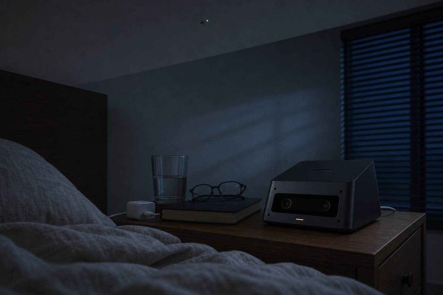 Tripwire Home wedge device beside a bed at night