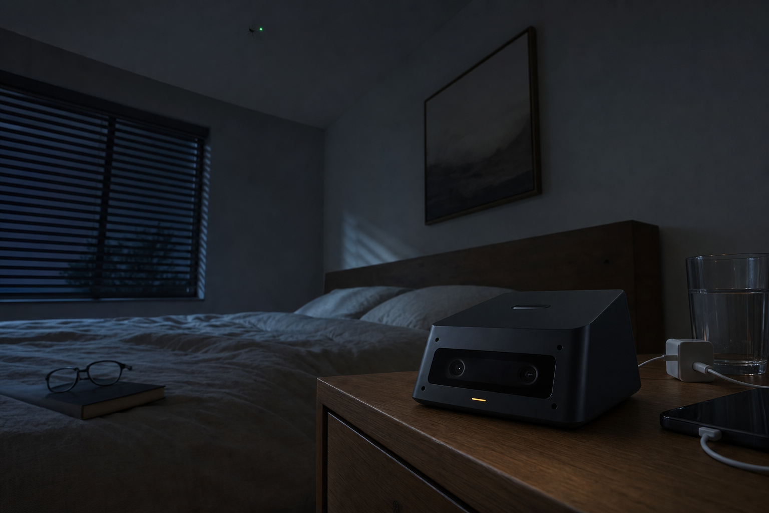 Tripwire Home on a dark bedroom nightstand marking a mosquito with a tiny green ceiling dot