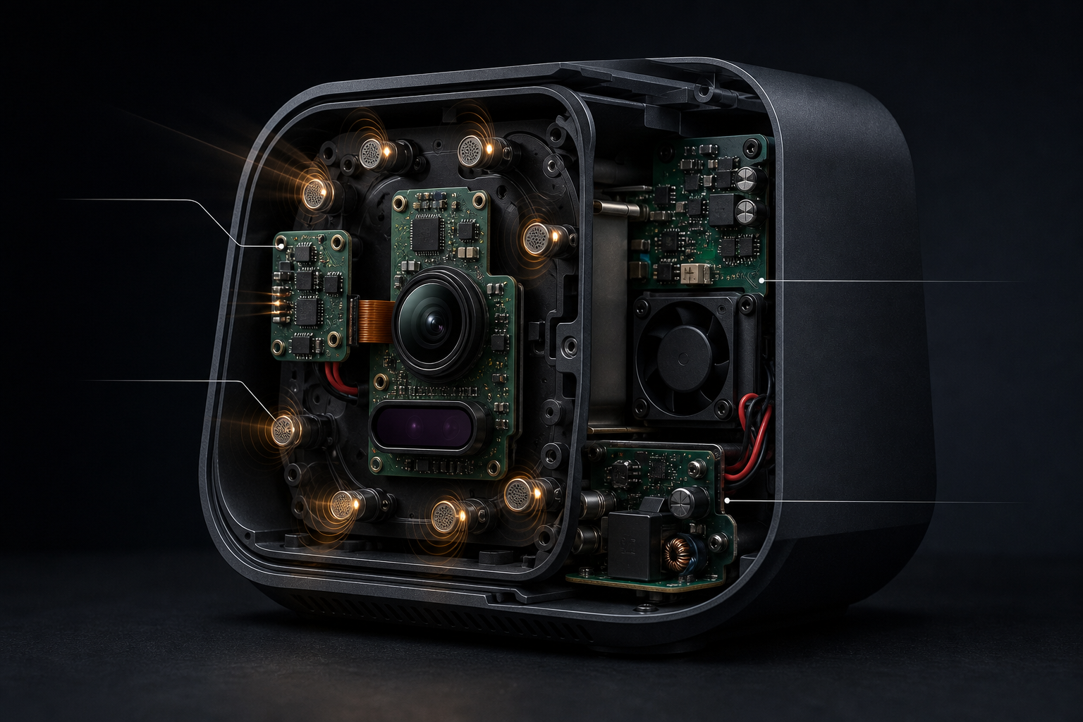 Conceptual cutaway showing Tripwire microphone array and acoustic processing hardware