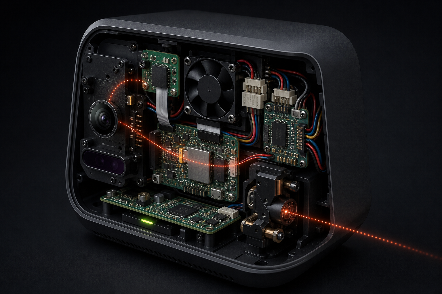 Conceptual cutaway showing onboard vision processing and control electronics