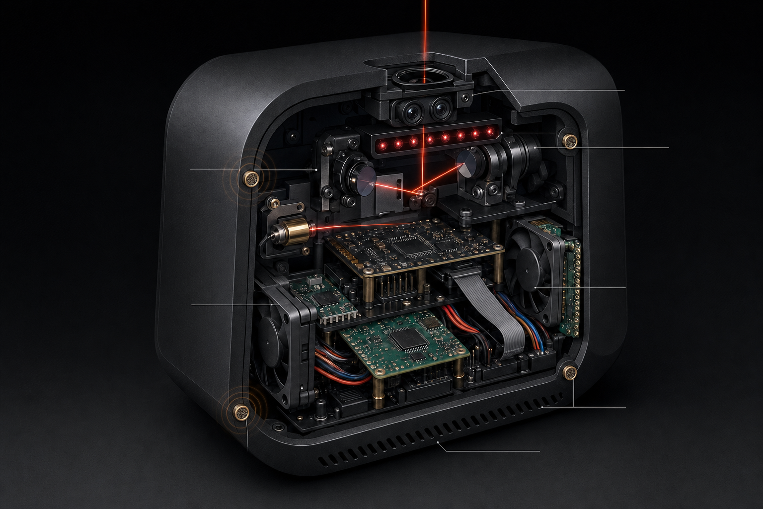 Conceptual full-system cutaway showing microphones, infrared emitters, stereo cameras, compute boards, twin galvo mirrors and amber marker path