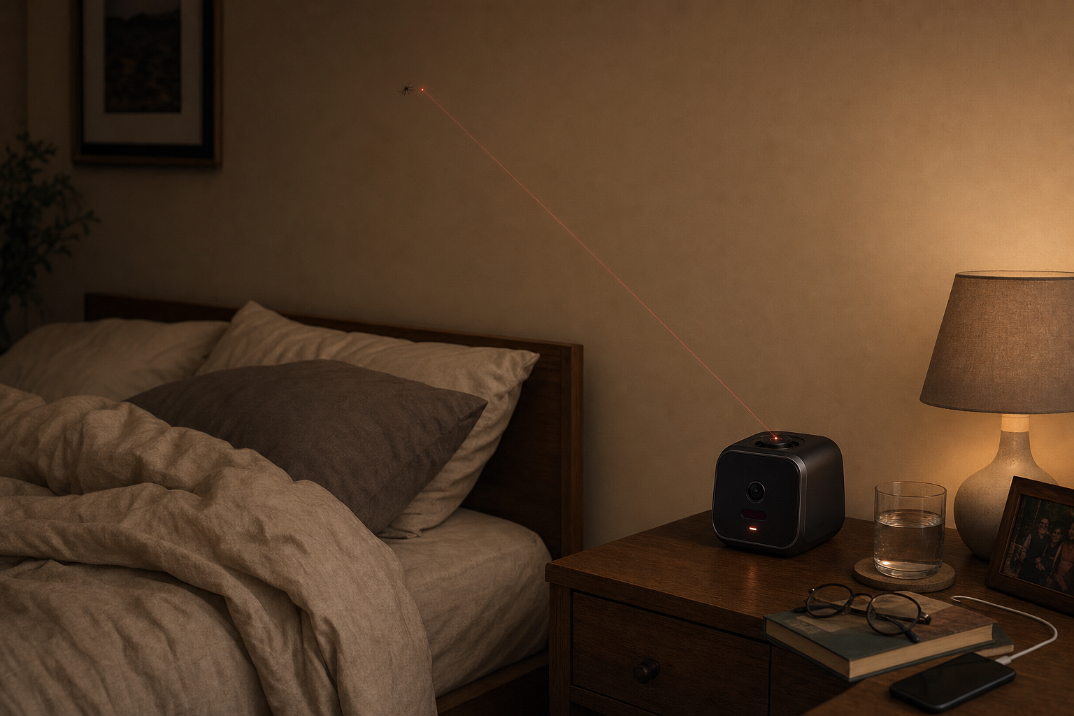 Tripwire marking a mosquito in a warm lived-in bedroom