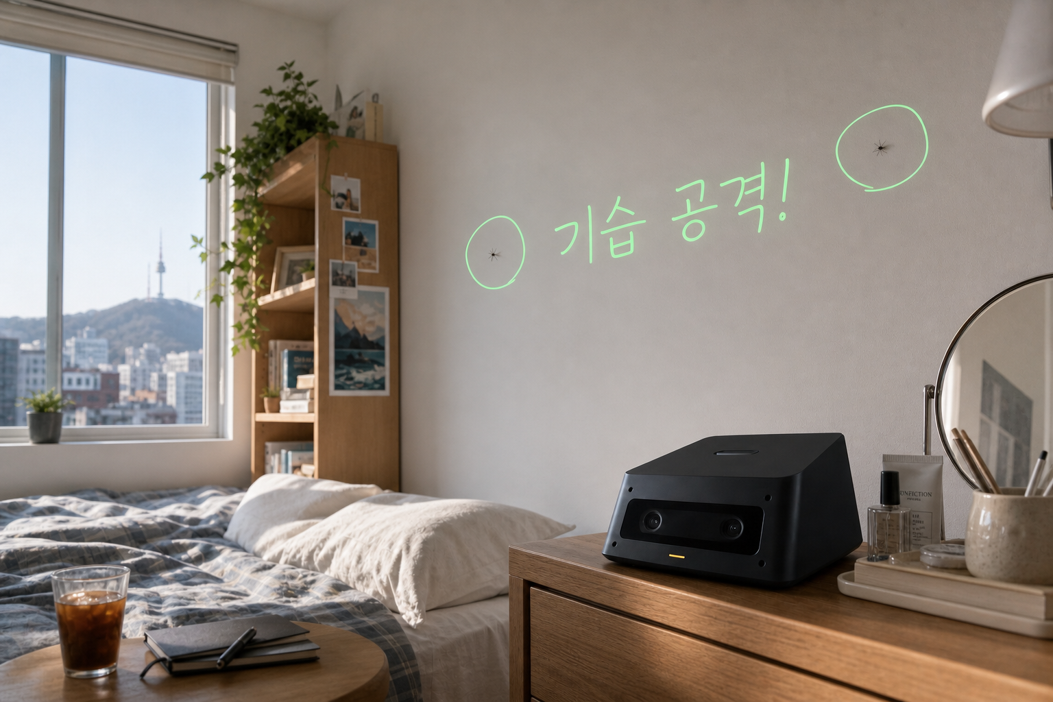 Two mosquitoes circled beside Korean laser writing meaning Sneak Attack in a Seoul room