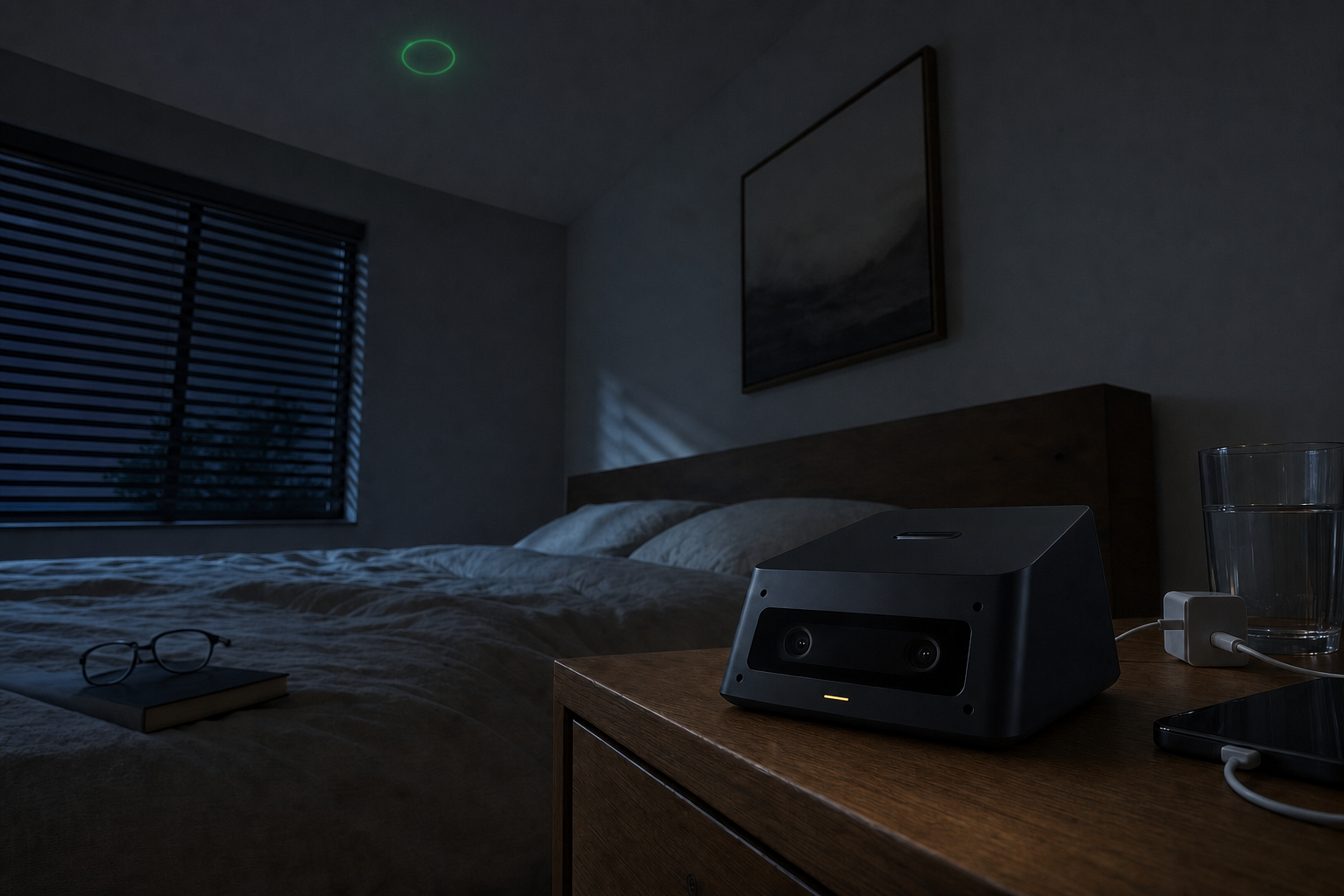 Nightlight mode projecting a soft green ring on a bedroom ceiling