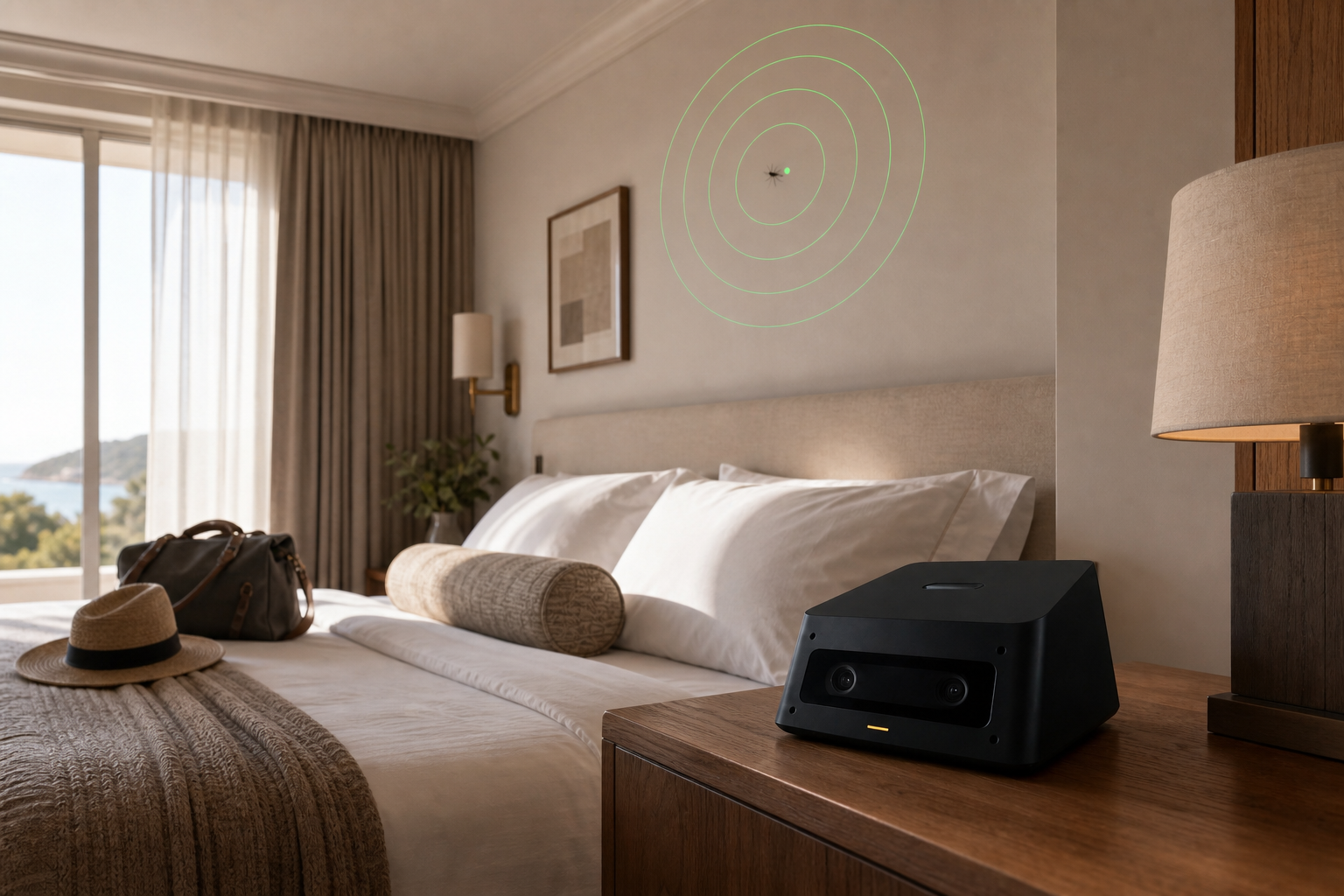 Concentric green laser rings emanating from a mosquito in a premium hotel room